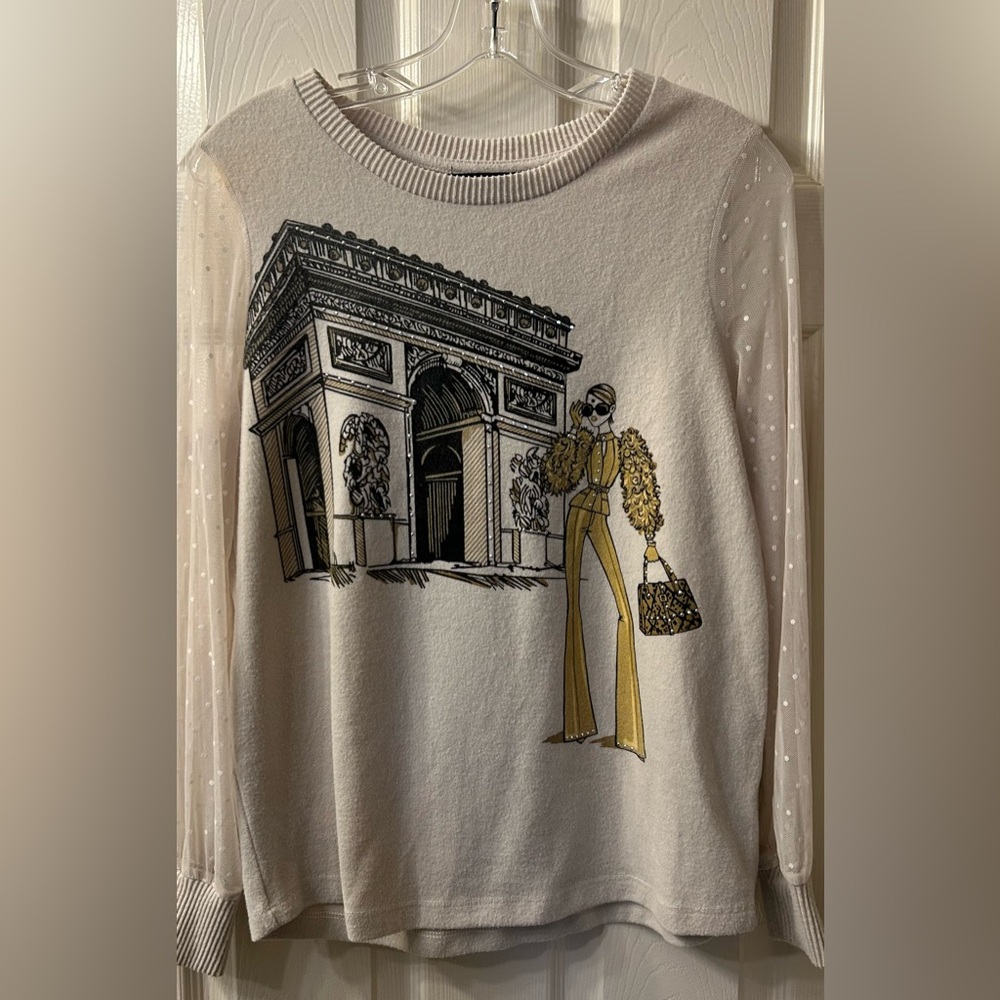 Graphic Cream Women's Long-Sleeve Top with Mesh Sleeves